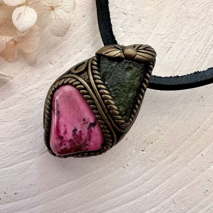 Rhodonite and Moldavite Pendant Necklace - FairyGardenGlow
