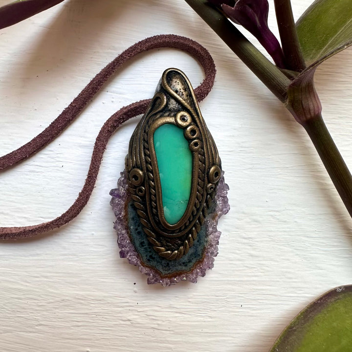 Amethyst Stalactite and Chrysoprase Pendant Necklace - FairyGardenGlow