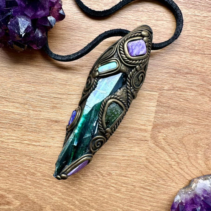 Gorgeous Vivianite with Moldavite, Charoite, Solid Australian Opal, and Lapis Lazuli Healing Crystal Wand-Pendant, Handmade Healing Crystal Talisman - FairyGardenGlow