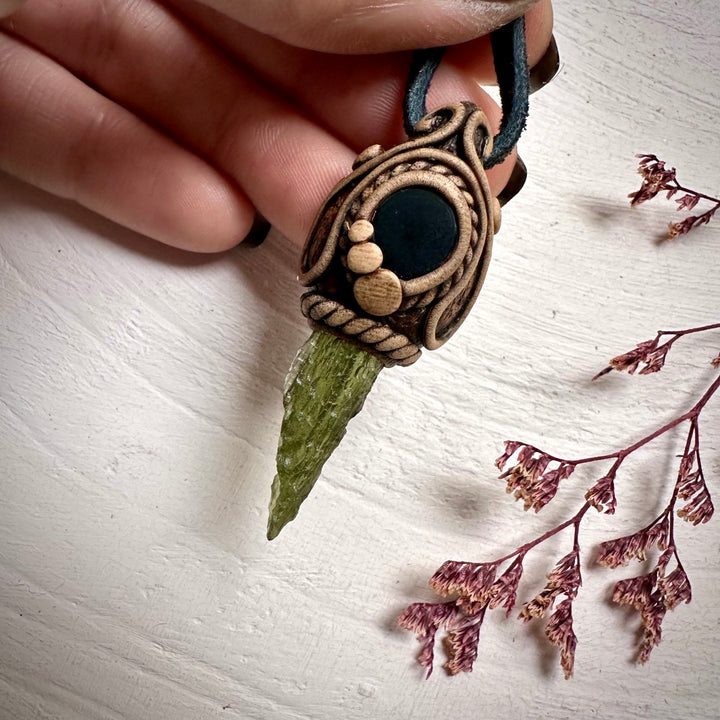 Moldavite and Black Onyx Necklace - FairyGardenGlow