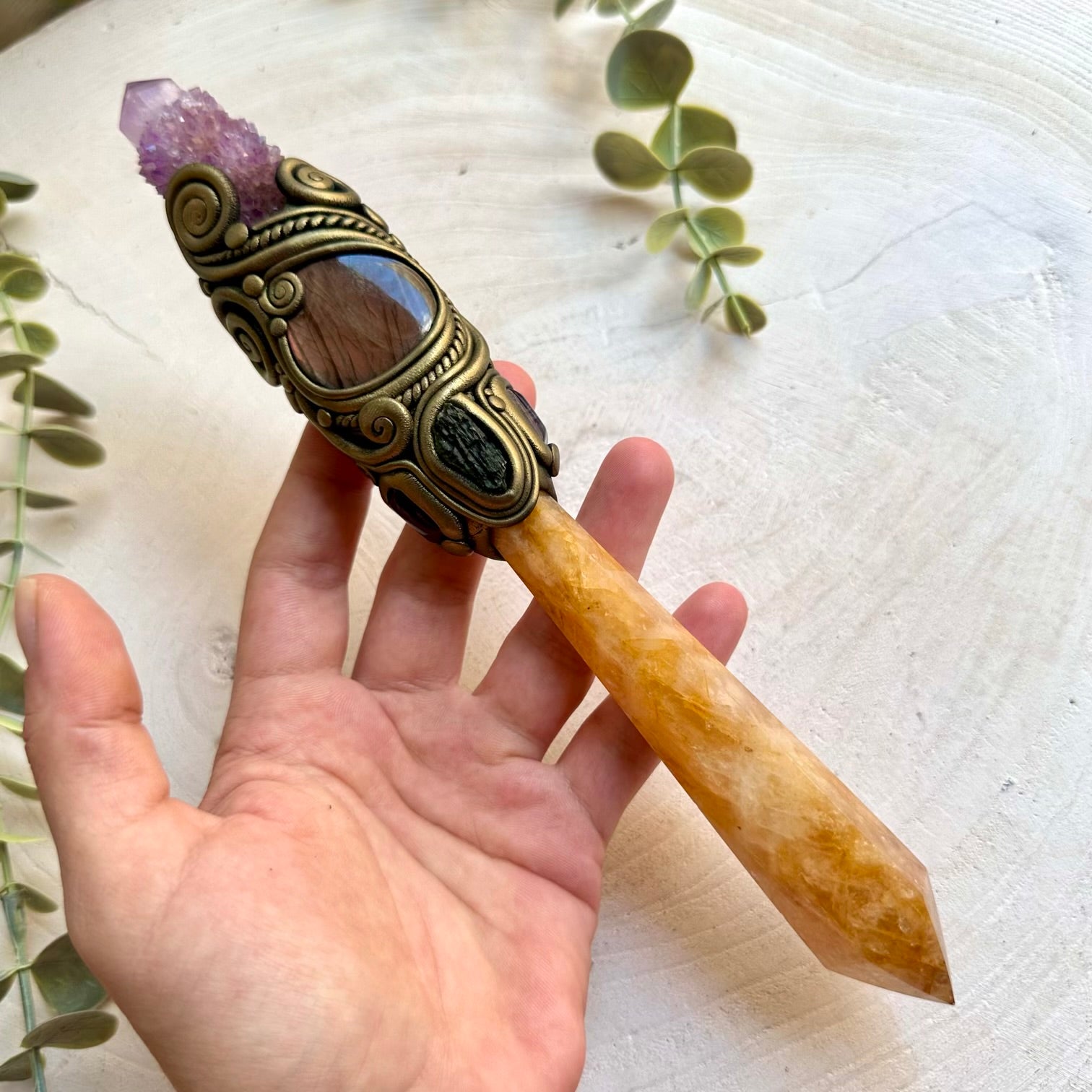 Handmade spiritual wand crafted with Purple Spirit Quartz, Amethyst and Labradorite.