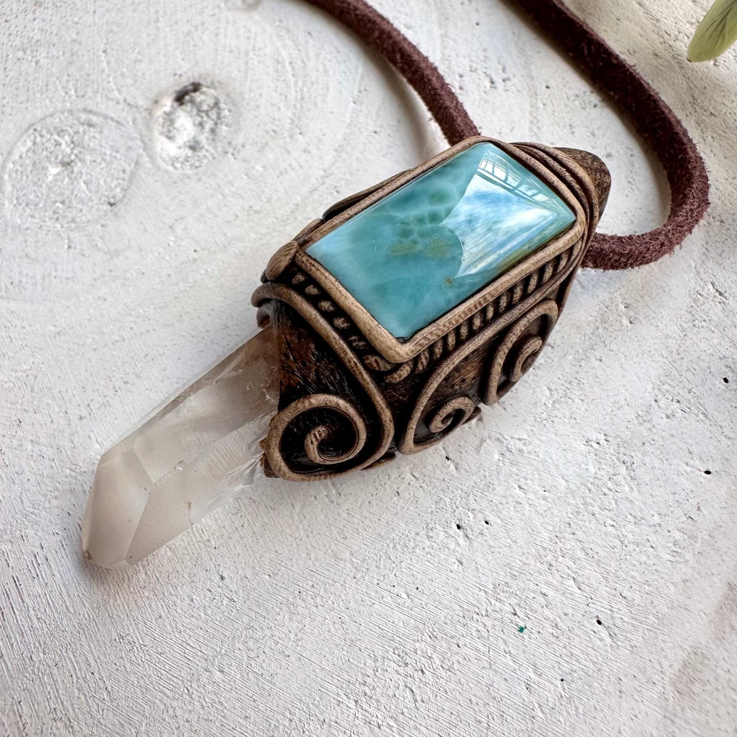 One of a kind lemurian quartz and larimar gemstone necklace