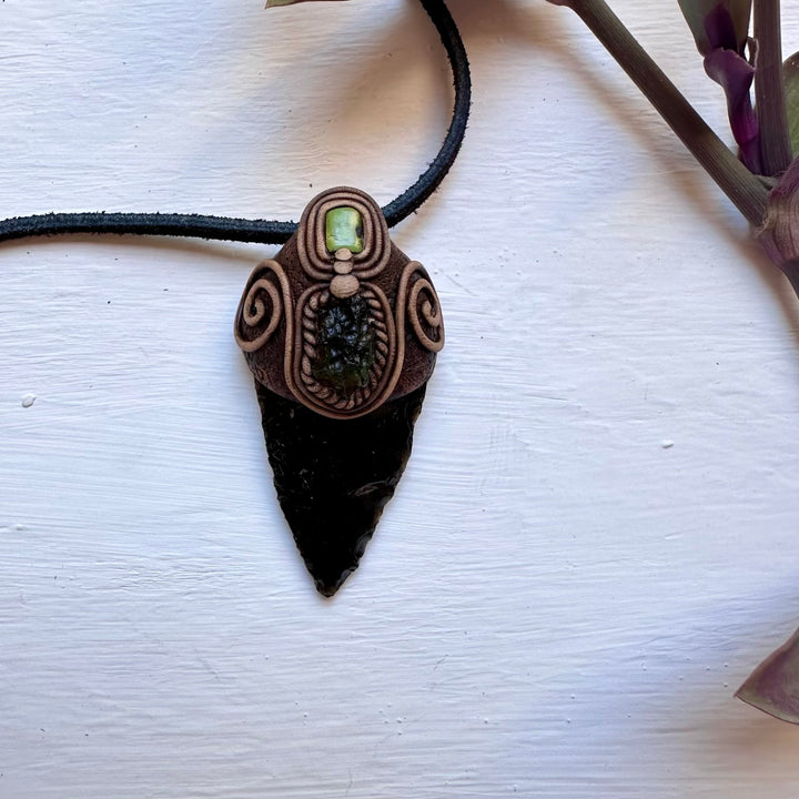 Black Obsidian Arrowhead Moldavite and Tibetan Turquoise Pendant Necklace - FairyGardenGlow