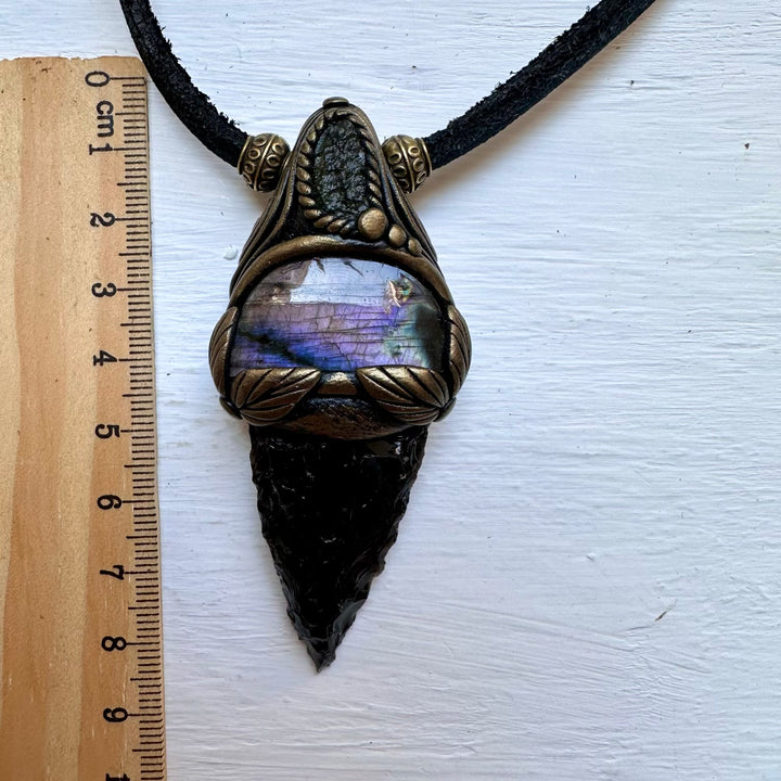 Black Obsidian Arrowhead Moldavite and Labradorite Pendant Necklace - FairyGardenGlow