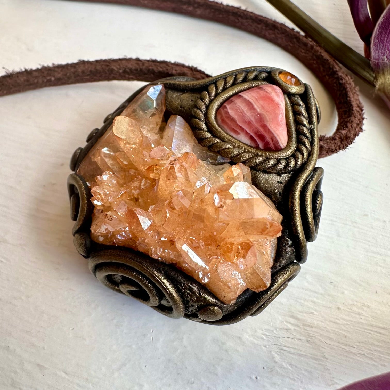Tangerine Aura Quartz Cluster Rhodochrosite and Imperial Topaz Necklace - FairyGardenGlow