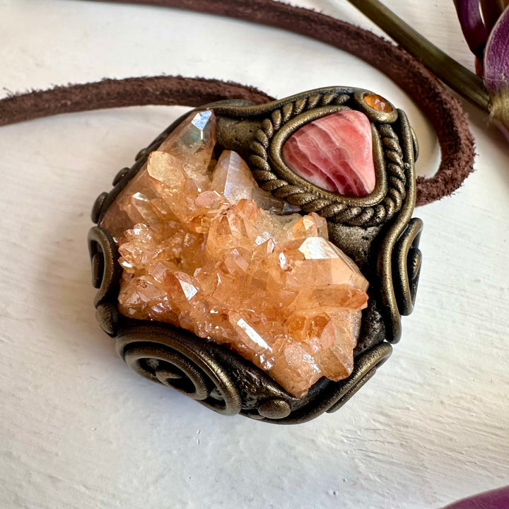 Tangerine Aura Quartz Cluster Rhodochrosite and Imperial Topaz Necklace - FairyGardenGlow