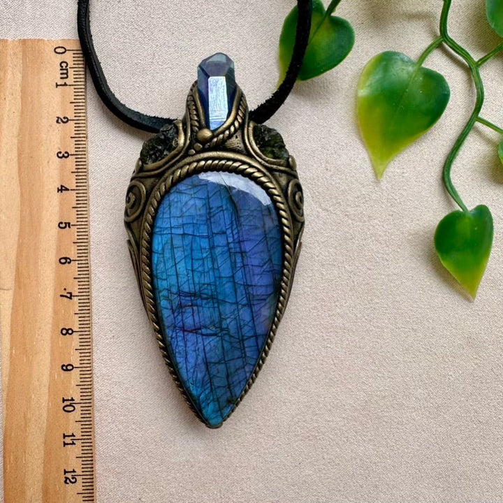 Large Deep Purple-Blue Labradorite with Aqua Aura Quartz and Moldavite Necklace FairyGardenGlow