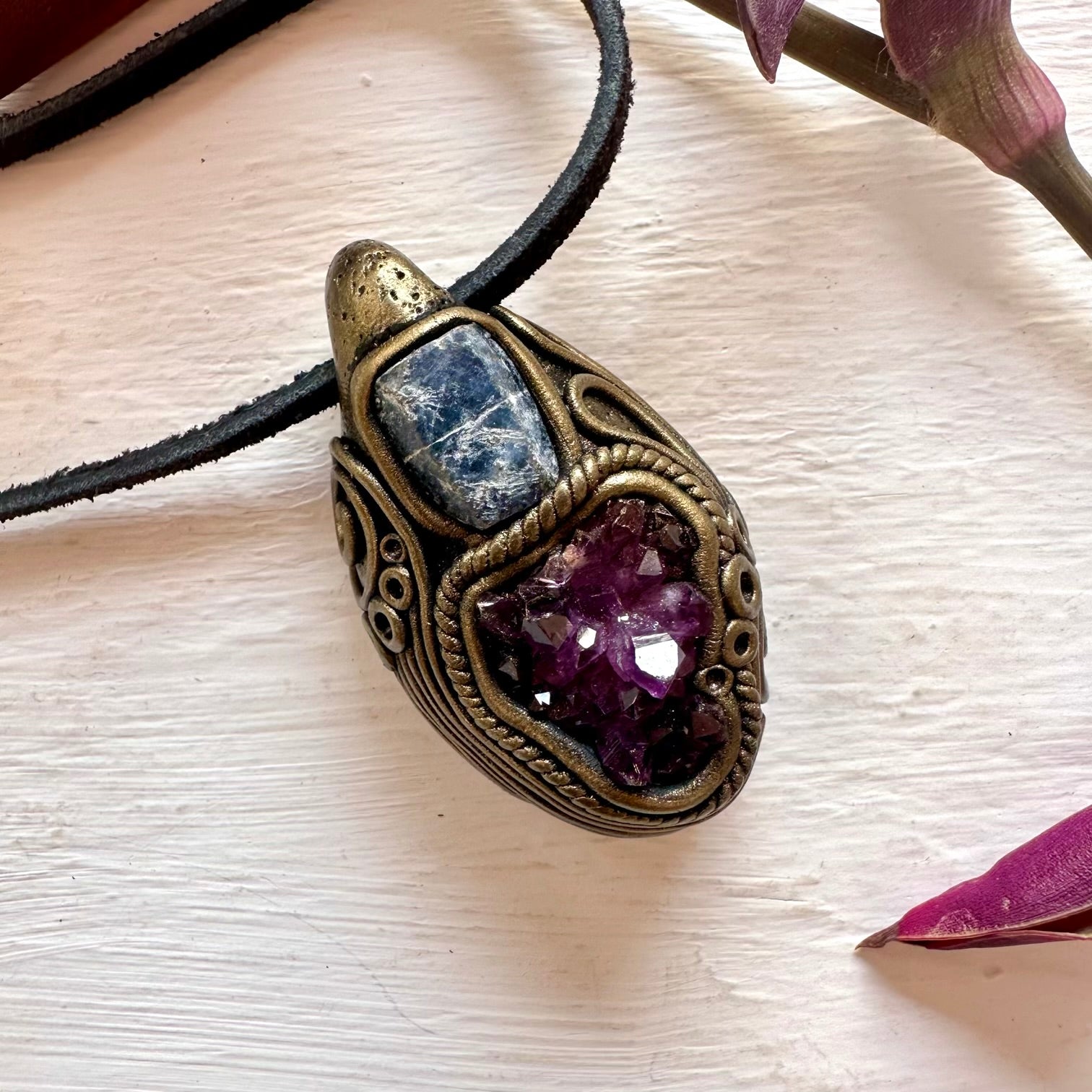 Amethyst Cluster and Raw Blue Sapphire Pendant Necklace - FairyGardenGlow