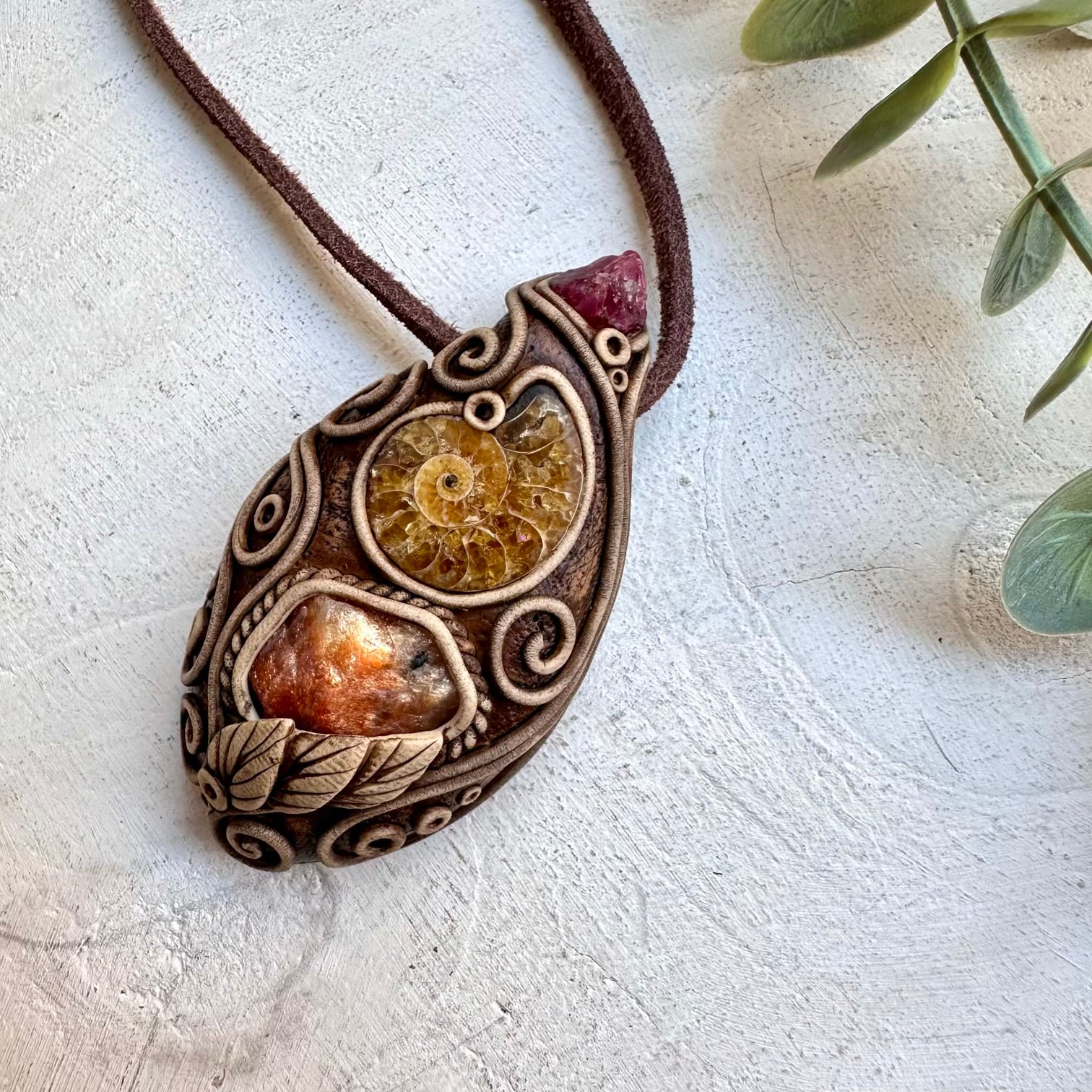 Raw Sunstone Ammonite and Spinel Necklace, Handmade Crystal Jewelry