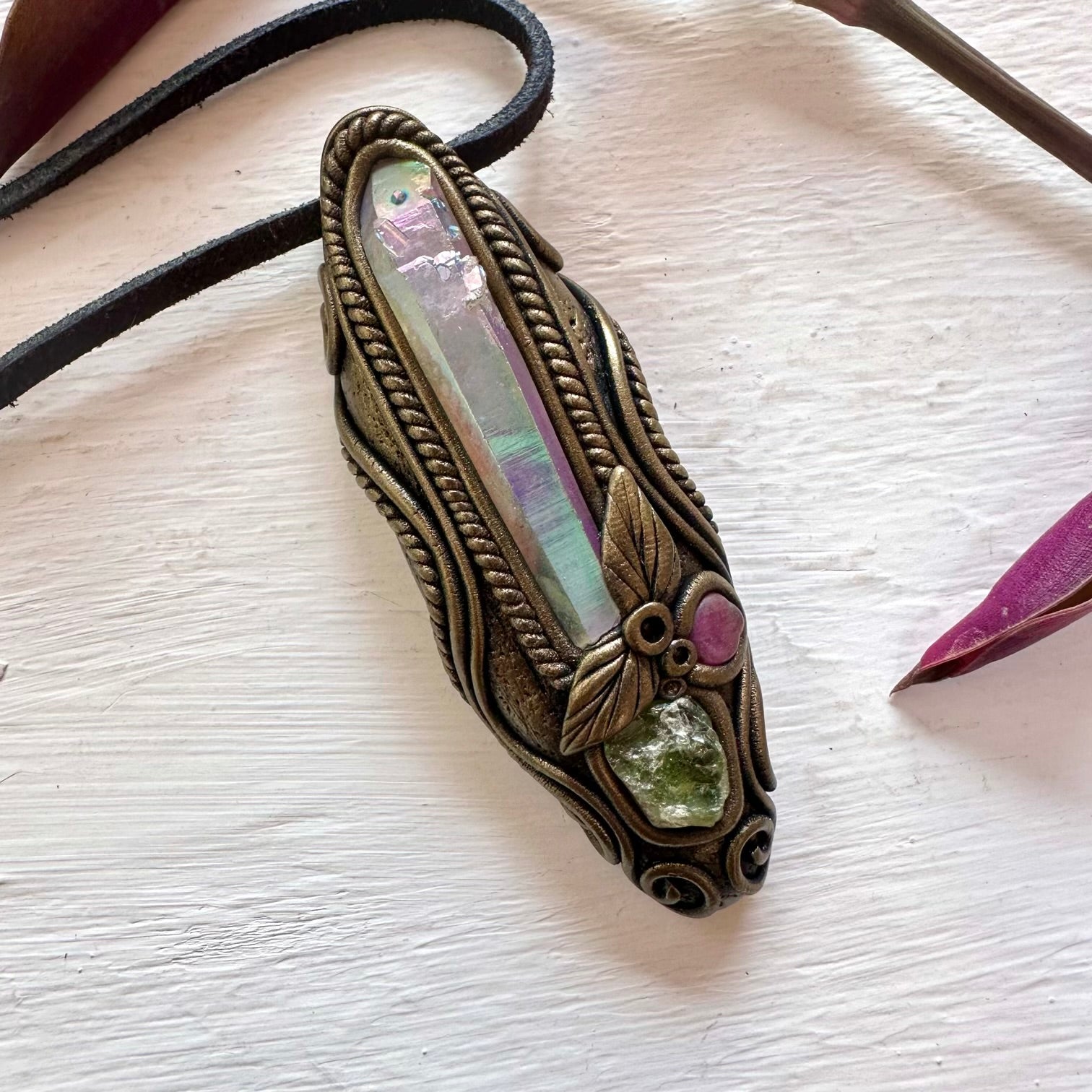 Angel Aura Quartz Raw Peridot and Ruby Necklace - FairyGardenGlow