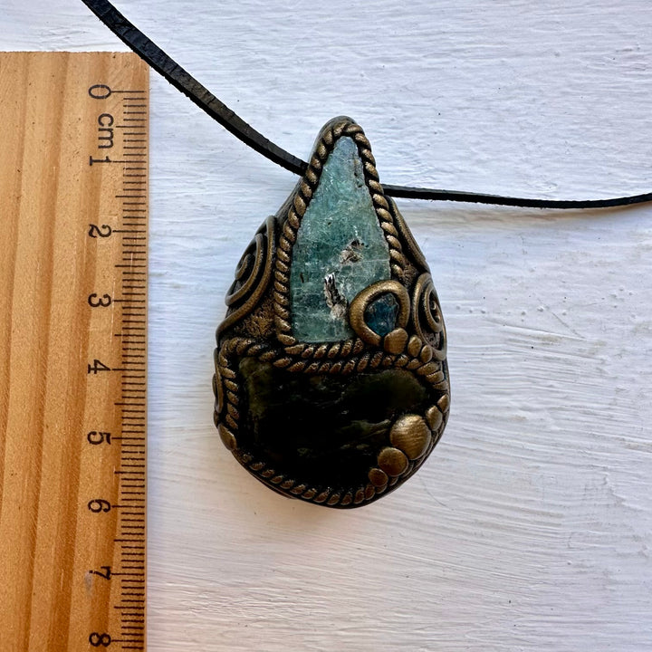 Nephrite Green Kyanite and Raw Blue Apatite Pendant Necklace - FairyGardenGlow