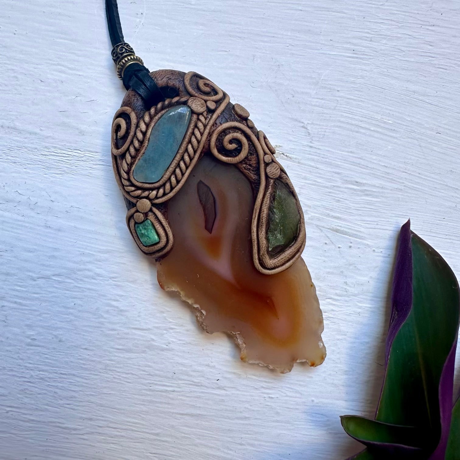 Agate Aquamarine Moldavite and Tibetan Turquoise Pendant Necklace - FairyGardenGlow