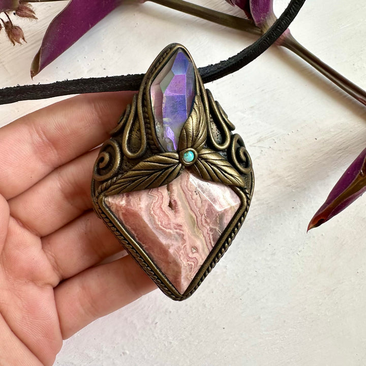 Rhodochrosite Angel Aura Quartz and Australian Opal Pendant Necklace - FairyGardenGlow