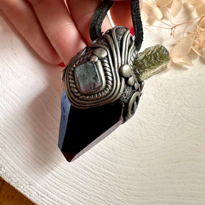 Cobalt Aura Quartz Moldavite and Bi Color Tourmaline Pendant Necklace - FairyGardenGlow