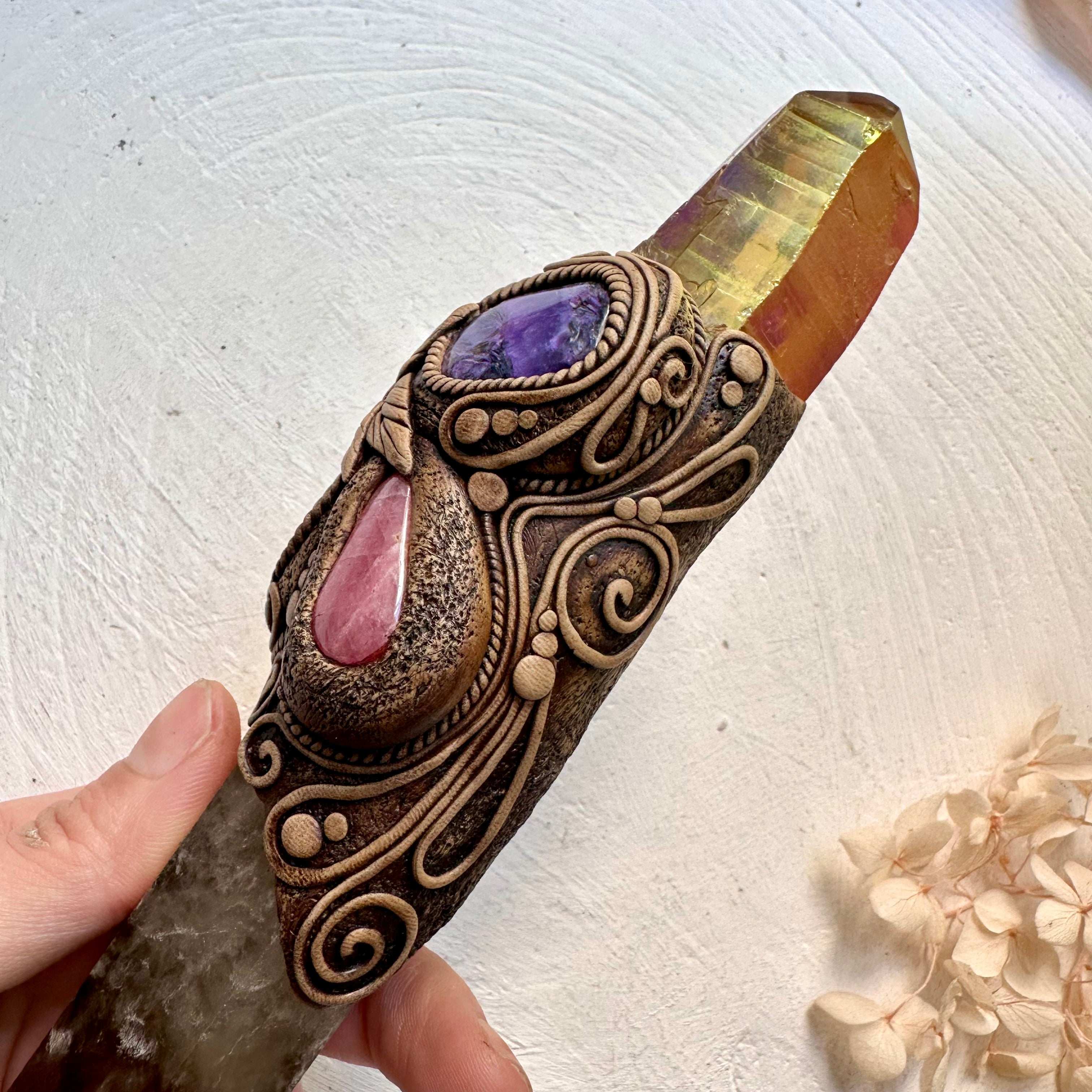 Crystal Wand - Citrine, Sunset Aura Quartz, Ammonite, Rhodochrosite, Charoite, Moldavite and Ruby - FairyGardenGlow