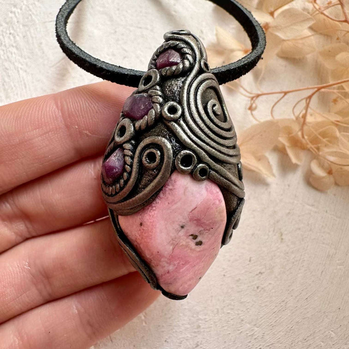 Peruvian Rhodonite and Ruby Crystal Necklace - FairyGardenGlow