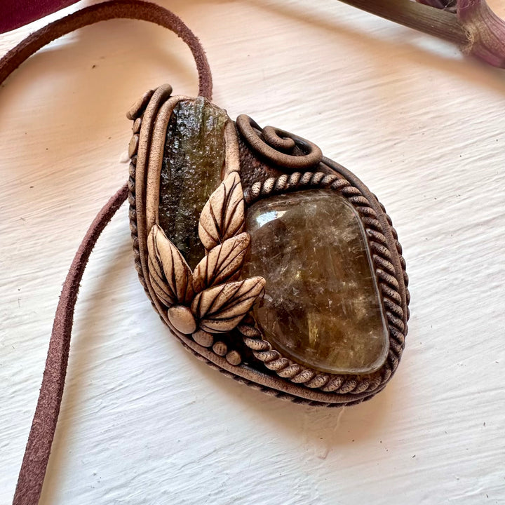 Moldavite and Citrine Pendant Necklace - FairyGardenGlow