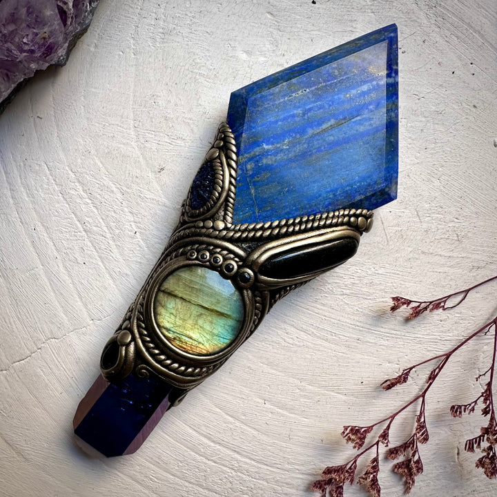 Lapis Lazuli Cobalt Aura Quartz Labradorite Black Tourmaline Azurite Black Onyx and Blue Sapphire Wand - FairyGardenGlow