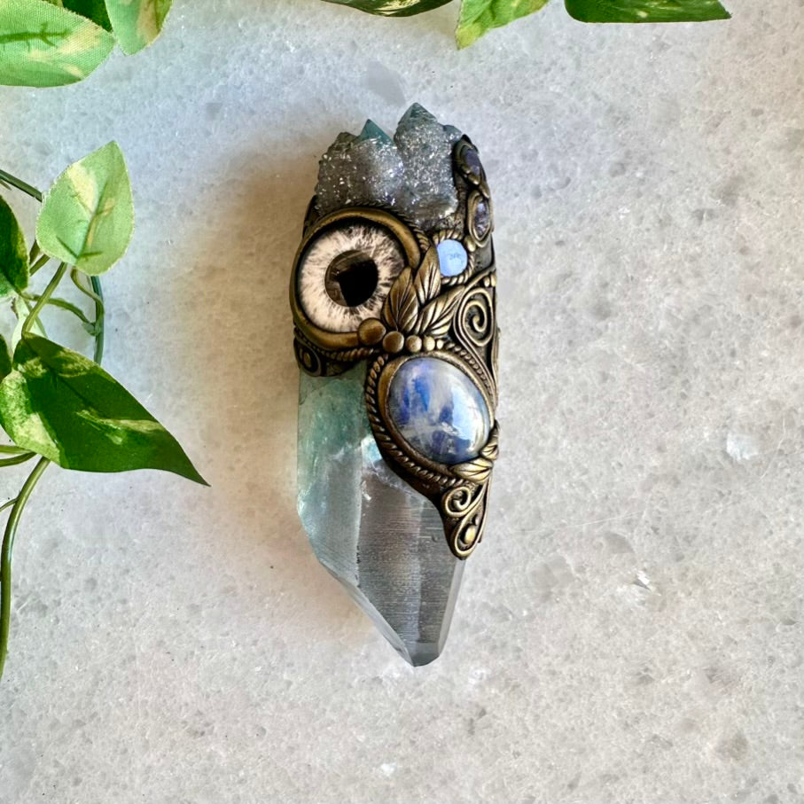 Aqua Aura Quartz Rainbow Moonstone Aqua Aura Spirit Quartz Australian Opal and Tanzanite Third Eye Healing Crystal Wand - FairyGardenGlow