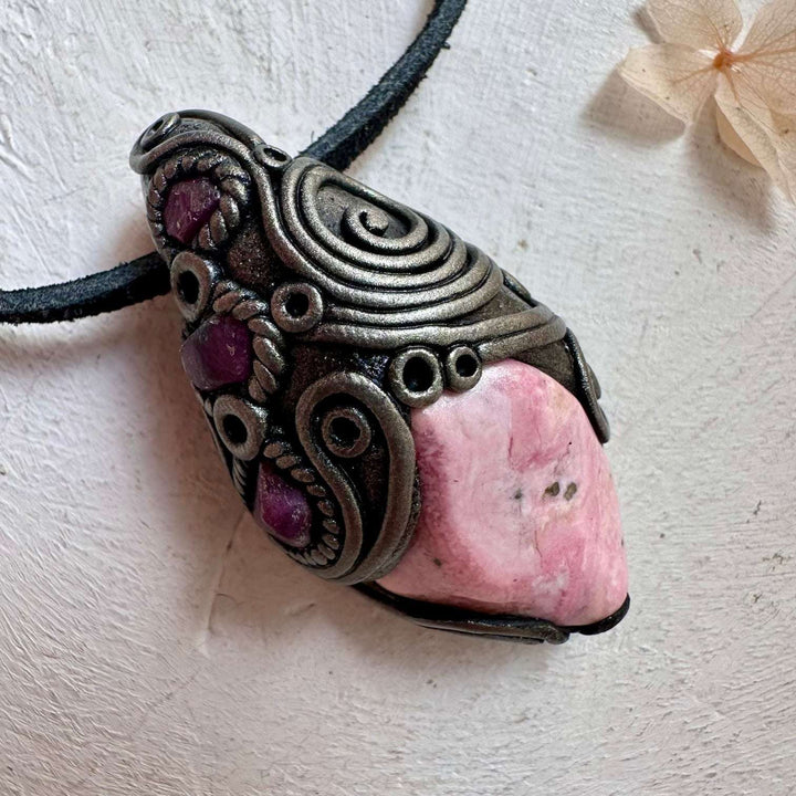 Peruvian Rhodonite and Ruby Crystal Necklace - FairyGardenGlow