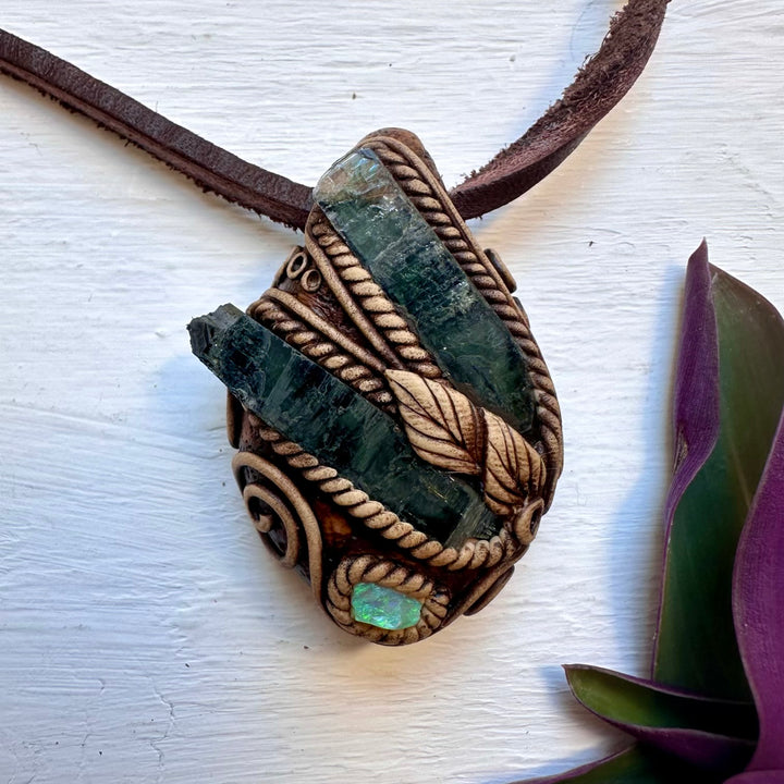 Vivianite and Australian Opal Pendant Necklace - FairyGardenGlow
