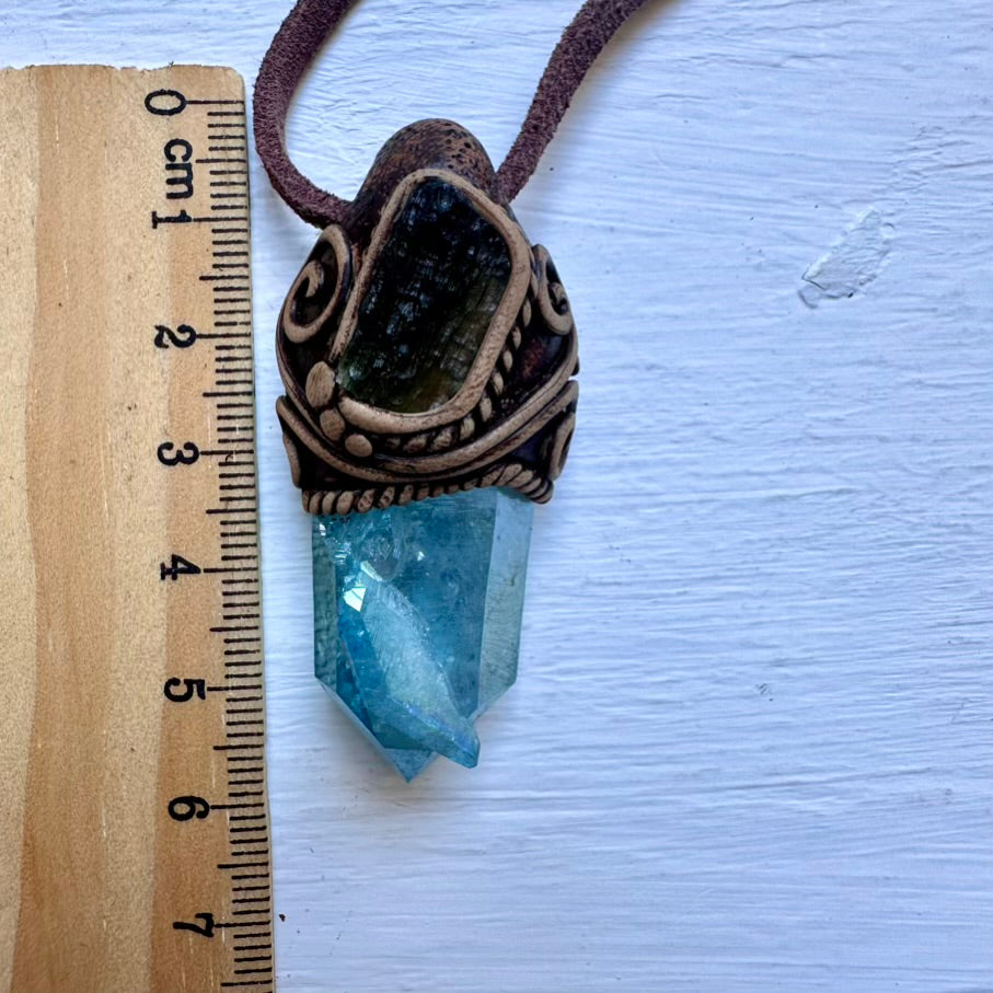Aqua Aura Quartz and Moldavite Pendant Necklace - FairyGardenGlow