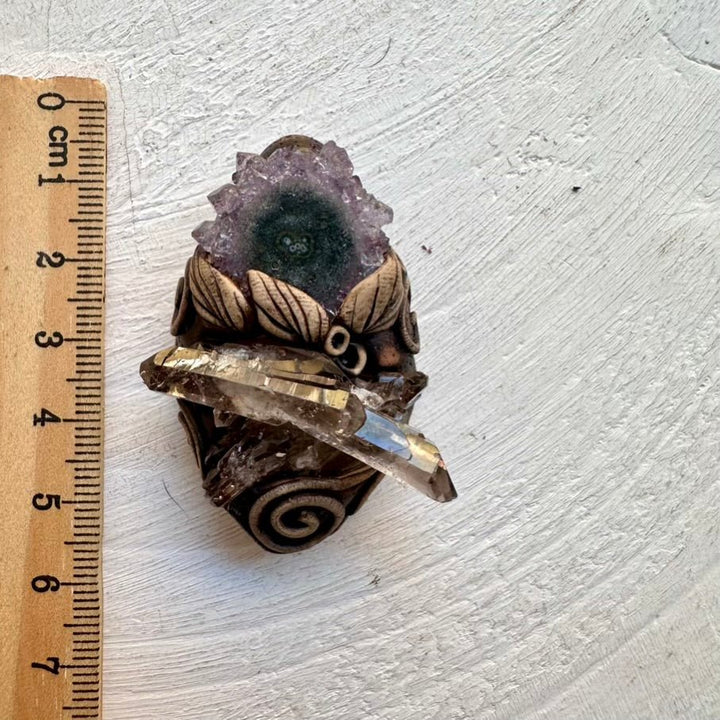 Smoky Quartz Cluster and Amethyst Stalactite Pendant Necklace, Handmade Clay Pendant FairyGardenGlow