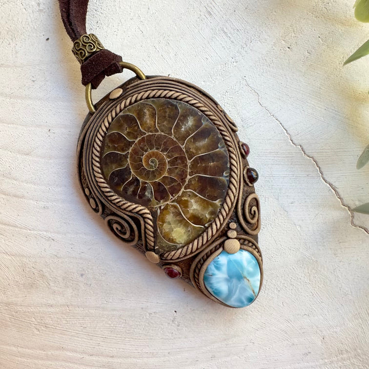 Statement ammonite necklace inspired by ancient ocean energy