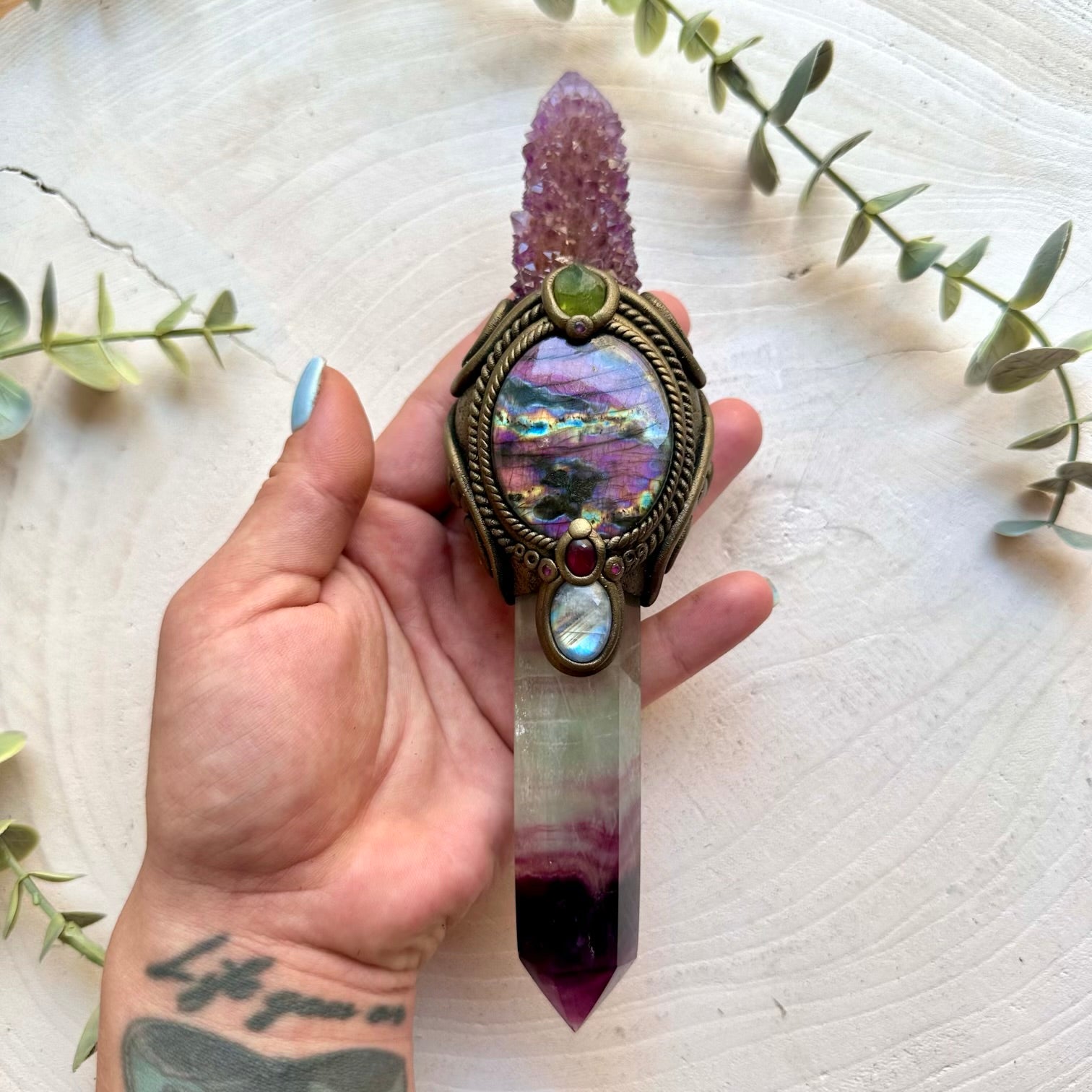 Handmade ritual tool created with genuine natural gemstones for intention setting and mindfulness.