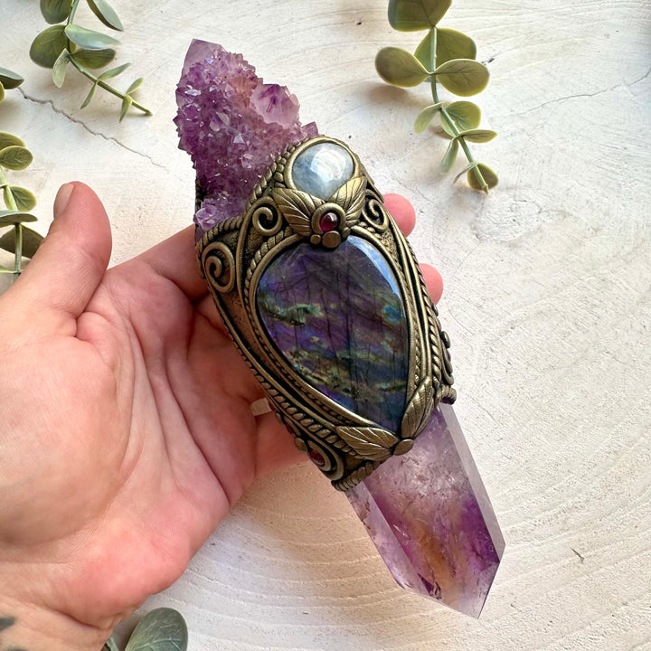 Unique healing crystal wand handcrafted with Ametrine, Deep Purple Spirit Quartz and Purple Labradorite.