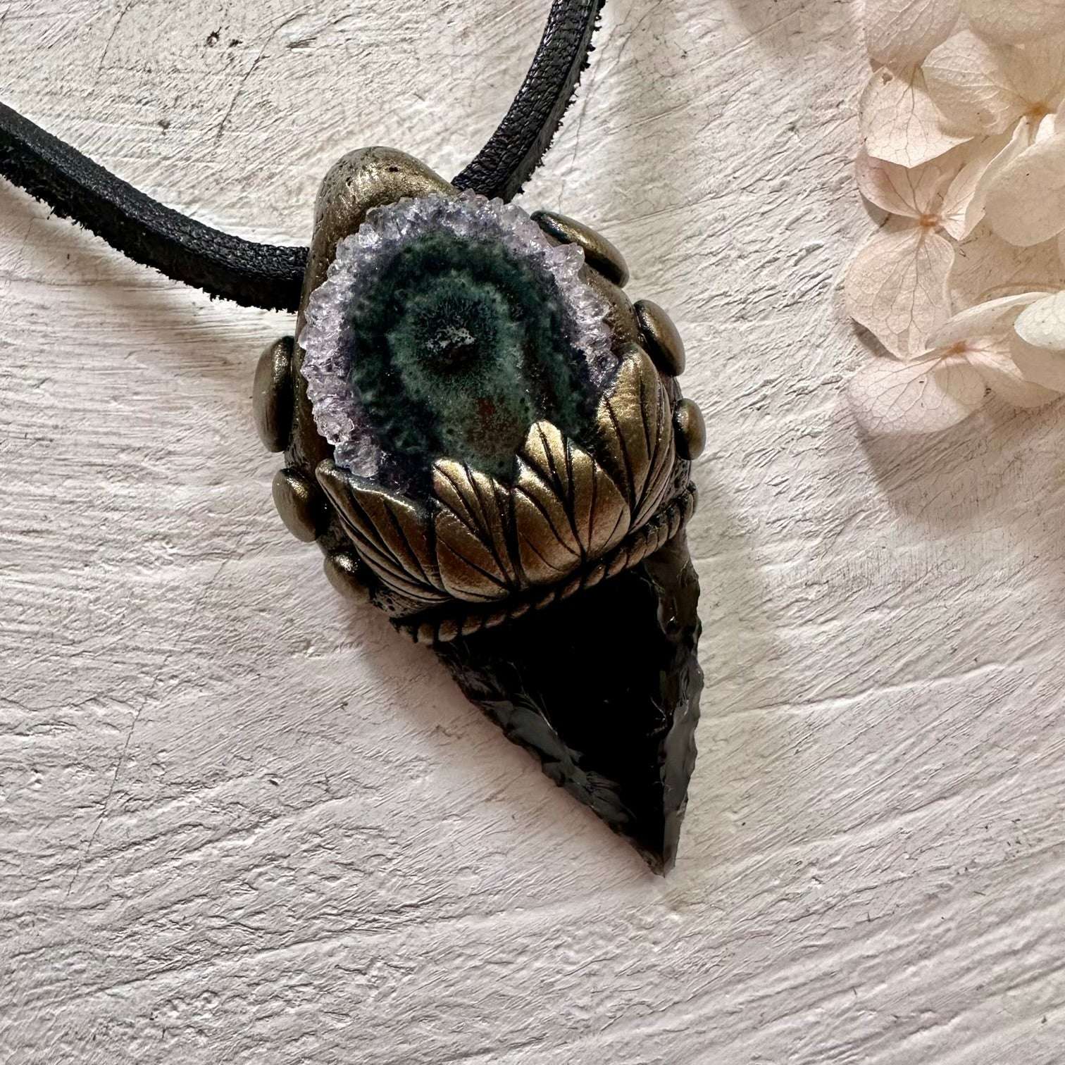 Black Obsidian Arrowhead and Amethyst Stalactite Necklace - FairyGardenGlow