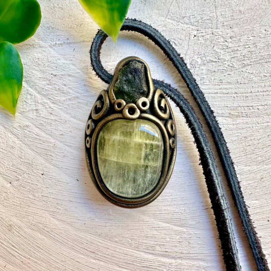 Topaz and Moldavite Necklace, Handmade Crystal Pendant