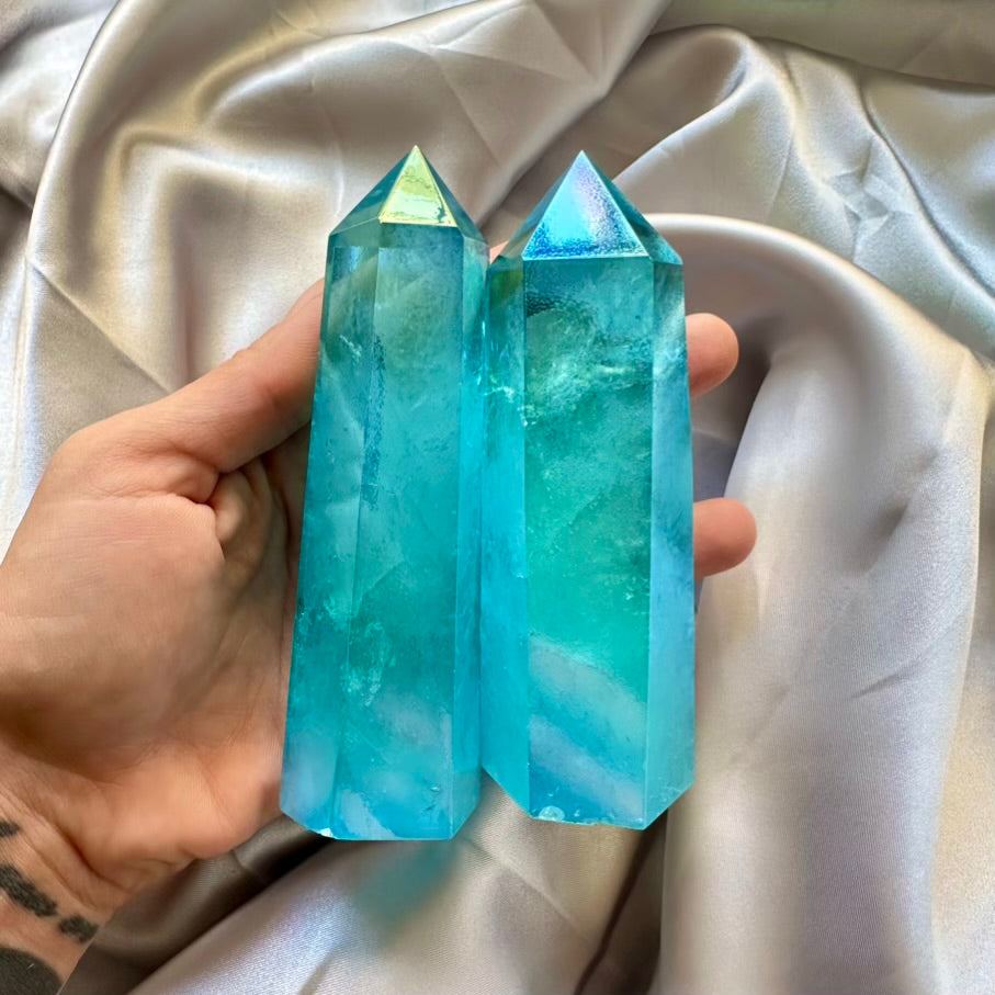 Aqua Aura Quartz Tower - Polished Aqua Aura Quartz Point - FairyGardenGlow