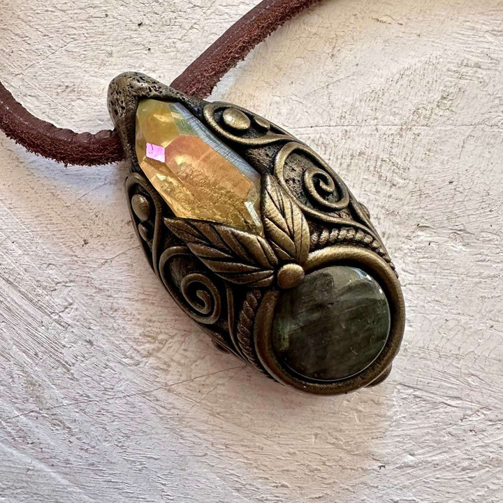 Labradorite and Sunset Aura Quartz Necklace - FairyGardenGlow