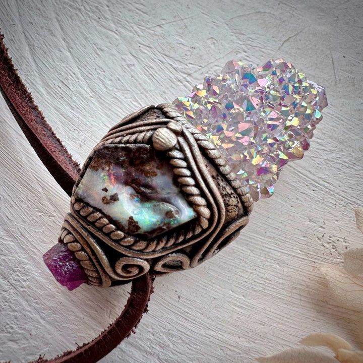 Angel Aura Spirit Quartz Boulder Opal and Ruby Pendant Necklace - FairyGardenGlow