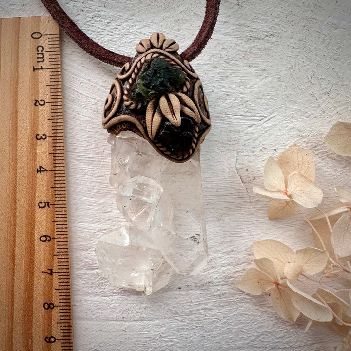 Faden Quartz Moldavite and Red Garnet Necklace - FairyGardenGlow