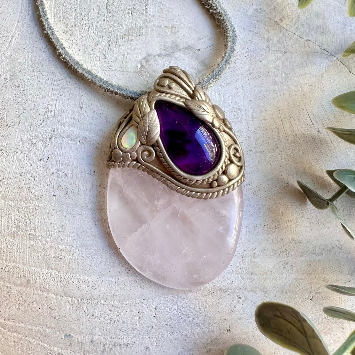 One of a kind gemstone necklace with Rose Quartz, Amethyst and colorful Ethiopian Opal.