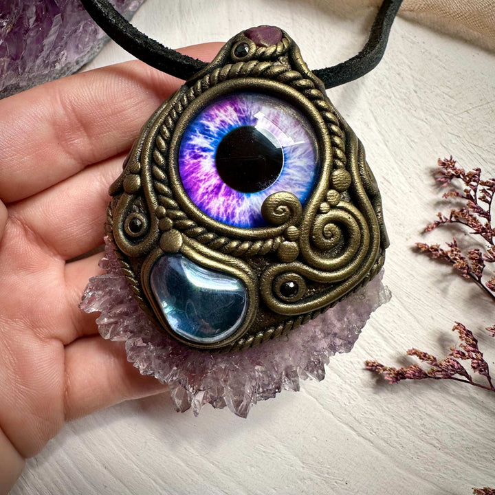 Amethyst Stalactite Aqua Aura Quartz Ruby and Blue Sapphire Eye Necklace - FairyGardenGlow