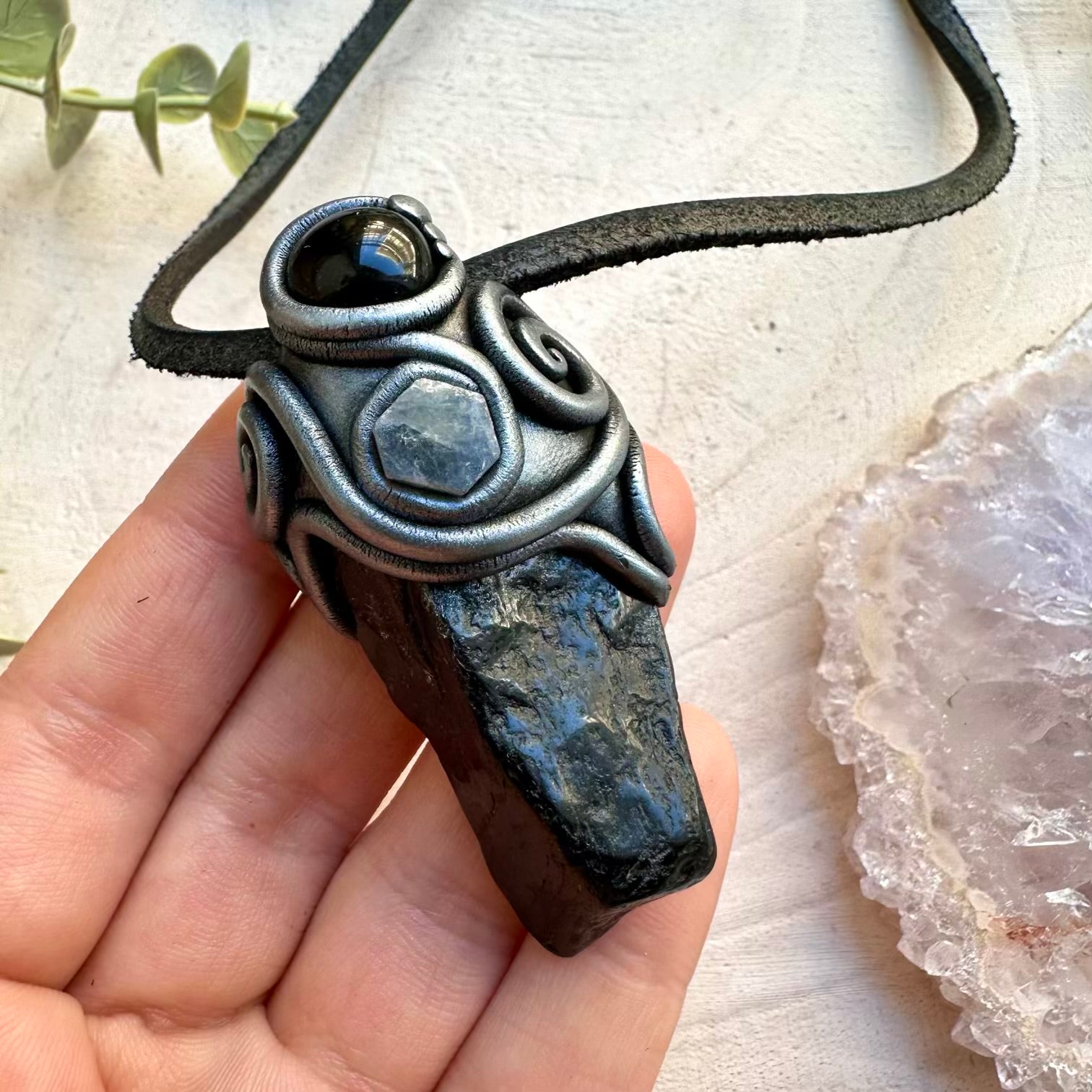 Polished Black Tourmaline with Black Onyx and Raw Blue Sapphire Pendant Necklace