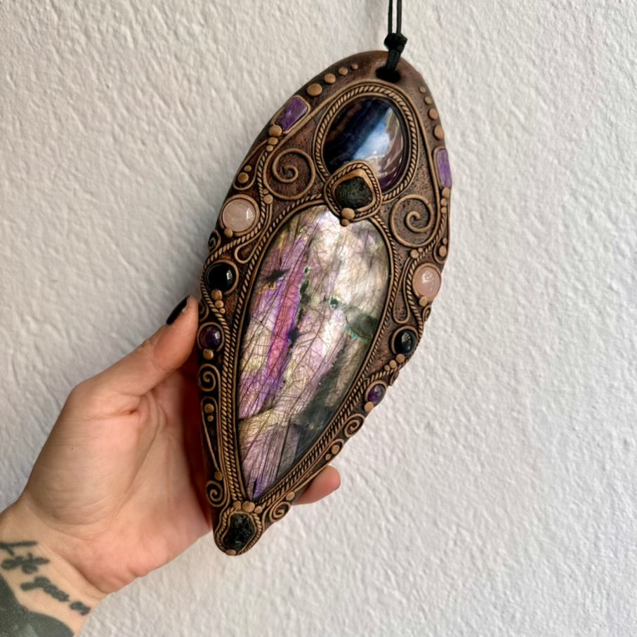 Crystal Wall Hanging, Handmade Spiritual Home Decor with Large Purple-Gold Labradorite, Rainbow Fluorite, Rose Quartz, Amethyst, Black Onyx, Charoite and Moldavite