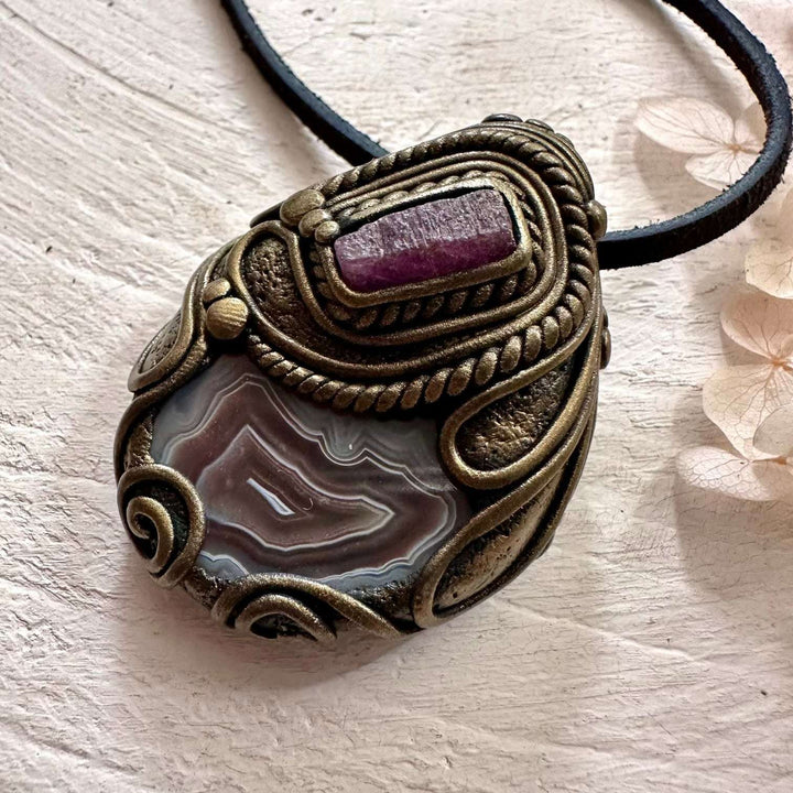 Botswana Agate and Ruby Pendant - FairyGardenGlow