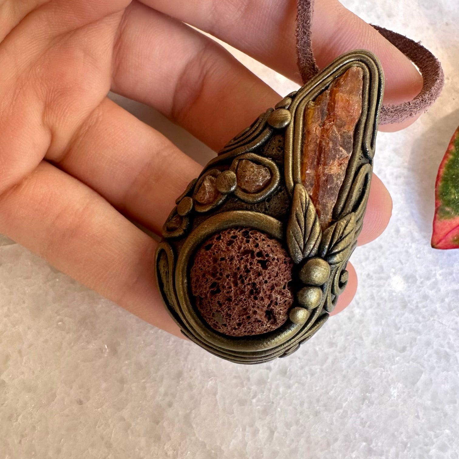 Red Lava Stone Orange Kyanite and Hessonite Garnet Necklace - FairyGardenGlow