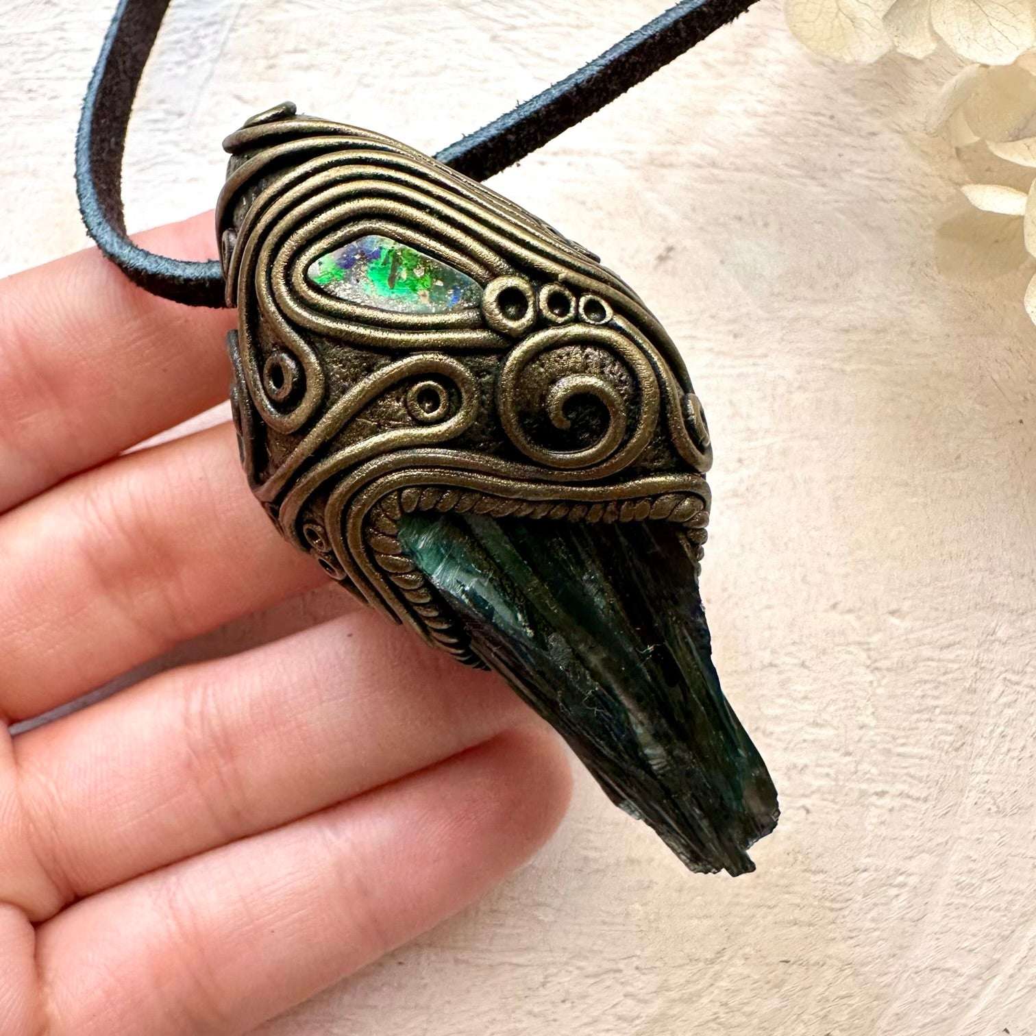 Vivianite and Boulder Opal Pendant - FairyGardenGlow
