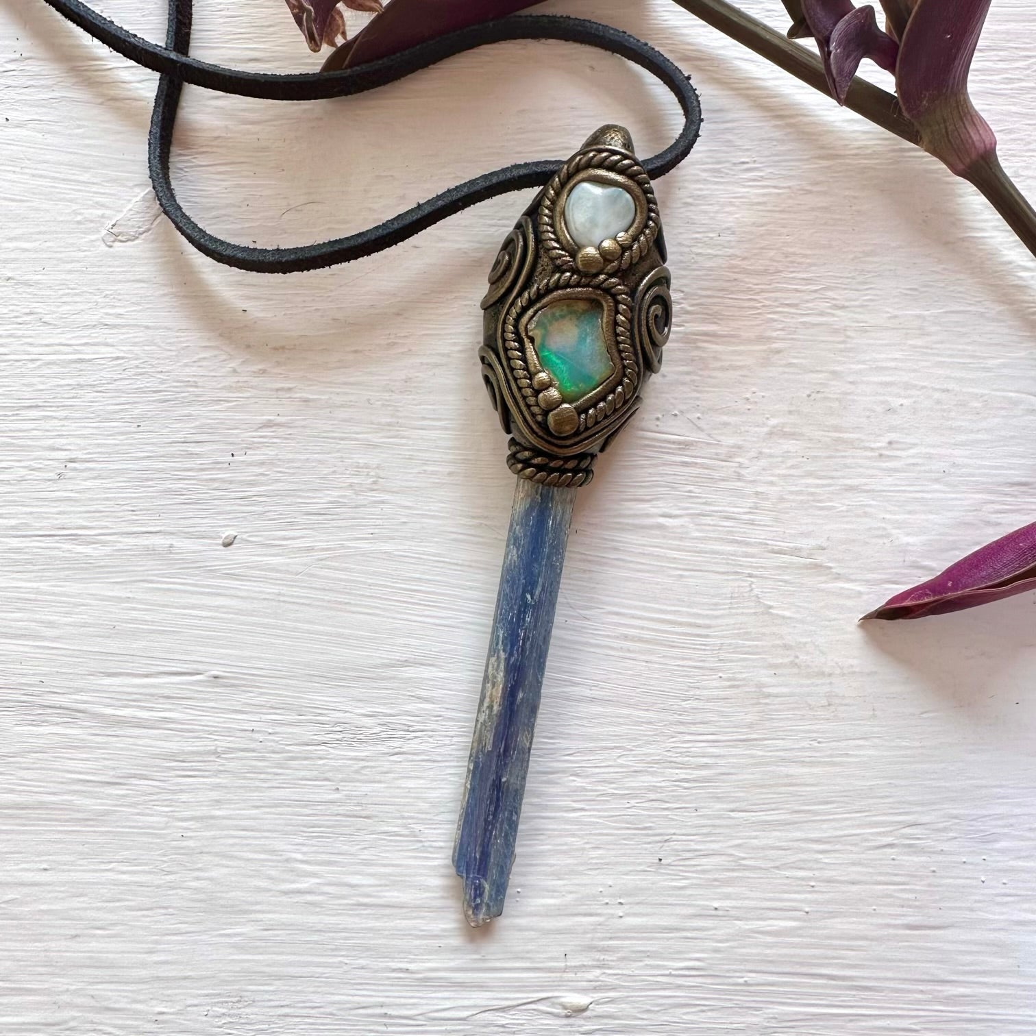 Blue Kyanite Larimar and Raw Opal Wand/ Pendant - FairyGardenGlow