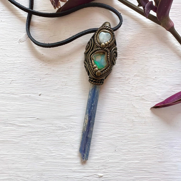 Blue Kyanite Larimar and Raw Opal Wand/ Pendant - FairyGardenGlow