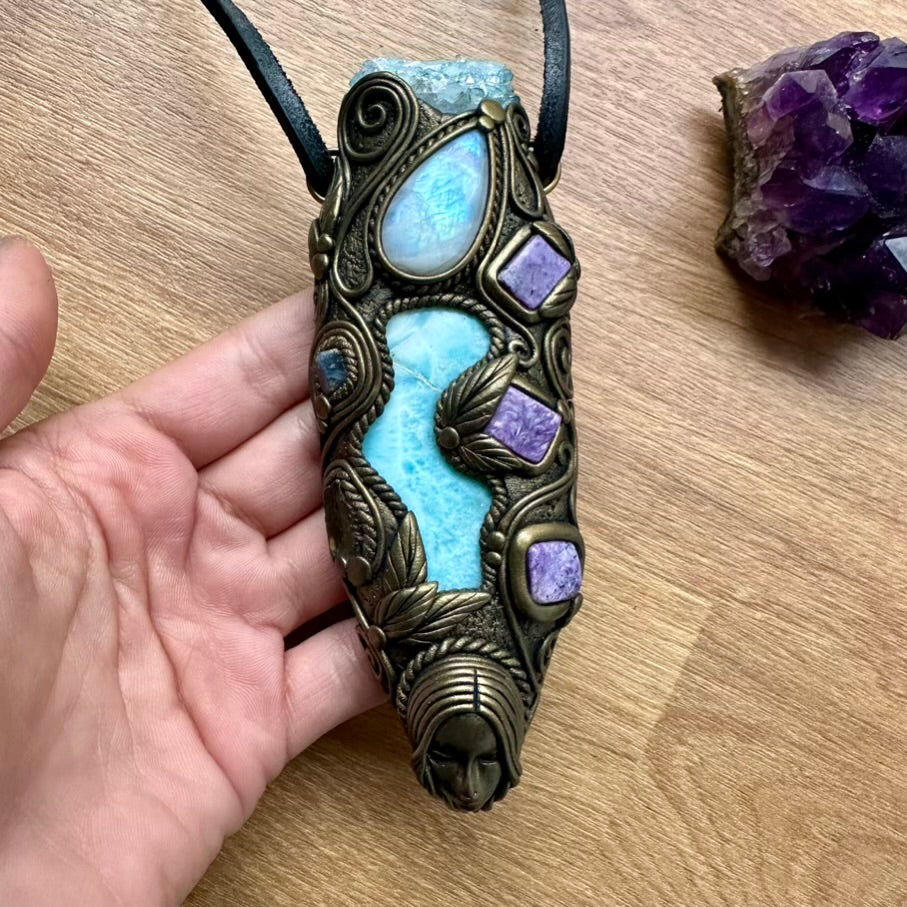 Larimar, Aqua Aura Quartz, Charoite, Rainbow Moonstone, Blue Sapphire and Moldavite Goddess Healing Crystal Talisman / Unique Handmade Wand-Pendant - FairyGardenGlow