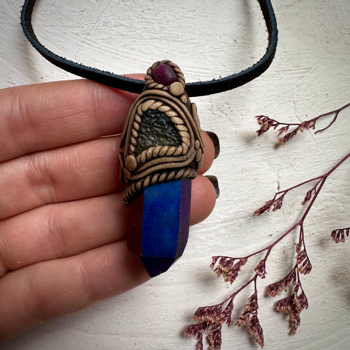 Cobalt Aura Quartz Moldavite and Ruby Pendant Necklace - FairyGardenGlow