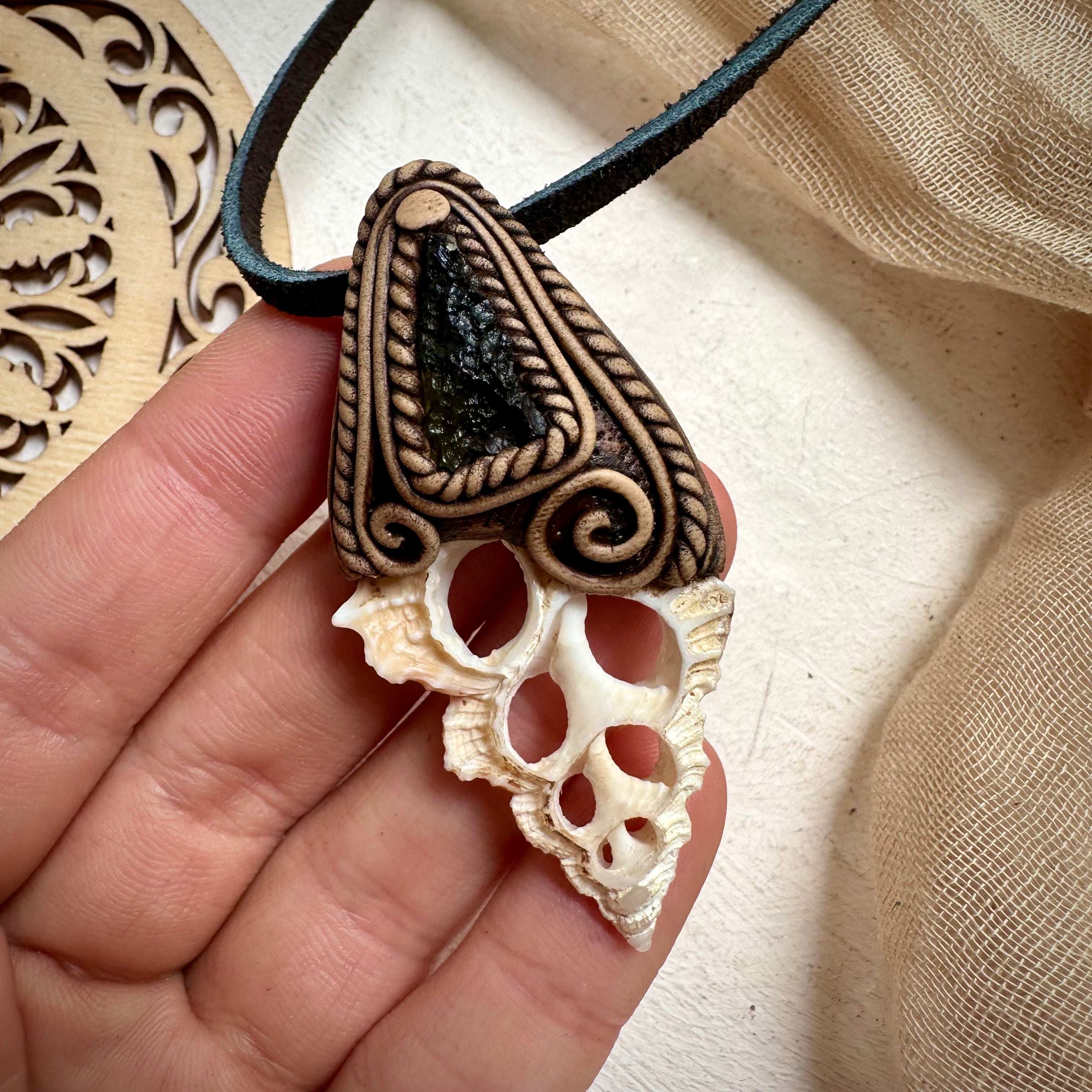 Seashell Slice and Moldavite Necklace - FairyGardenGlow