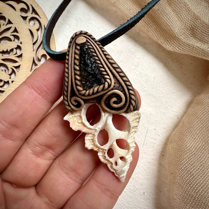 Seashell Slice and Moldavite Necklace - FairyGardenGlow