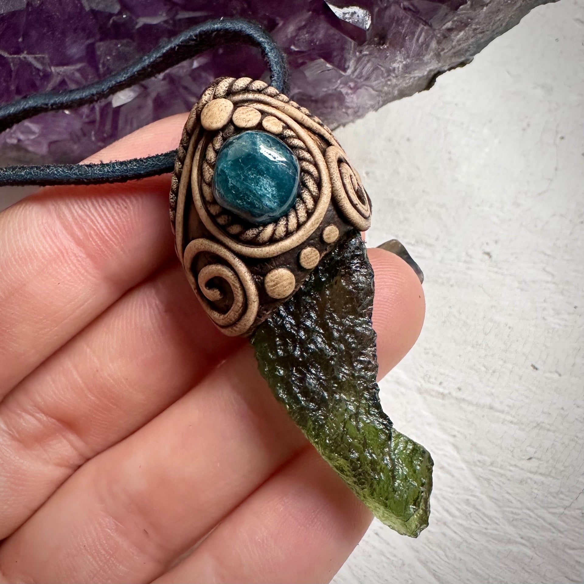 Large Moldavite and Blue Tourmaline Pendant Necklace - FairyGardenGlow